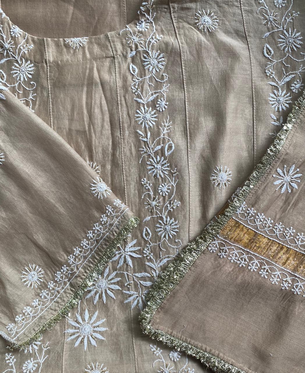 Beige Chanderi Anarkali Kurta Set