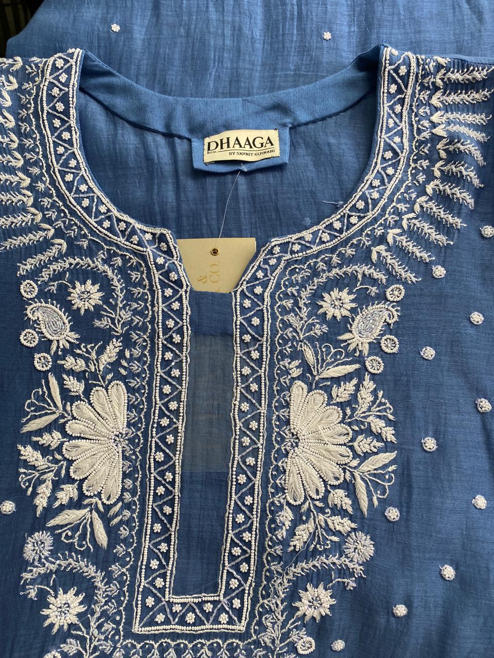 cobalt blue Mul Chanderi Chikankari Kurta Set