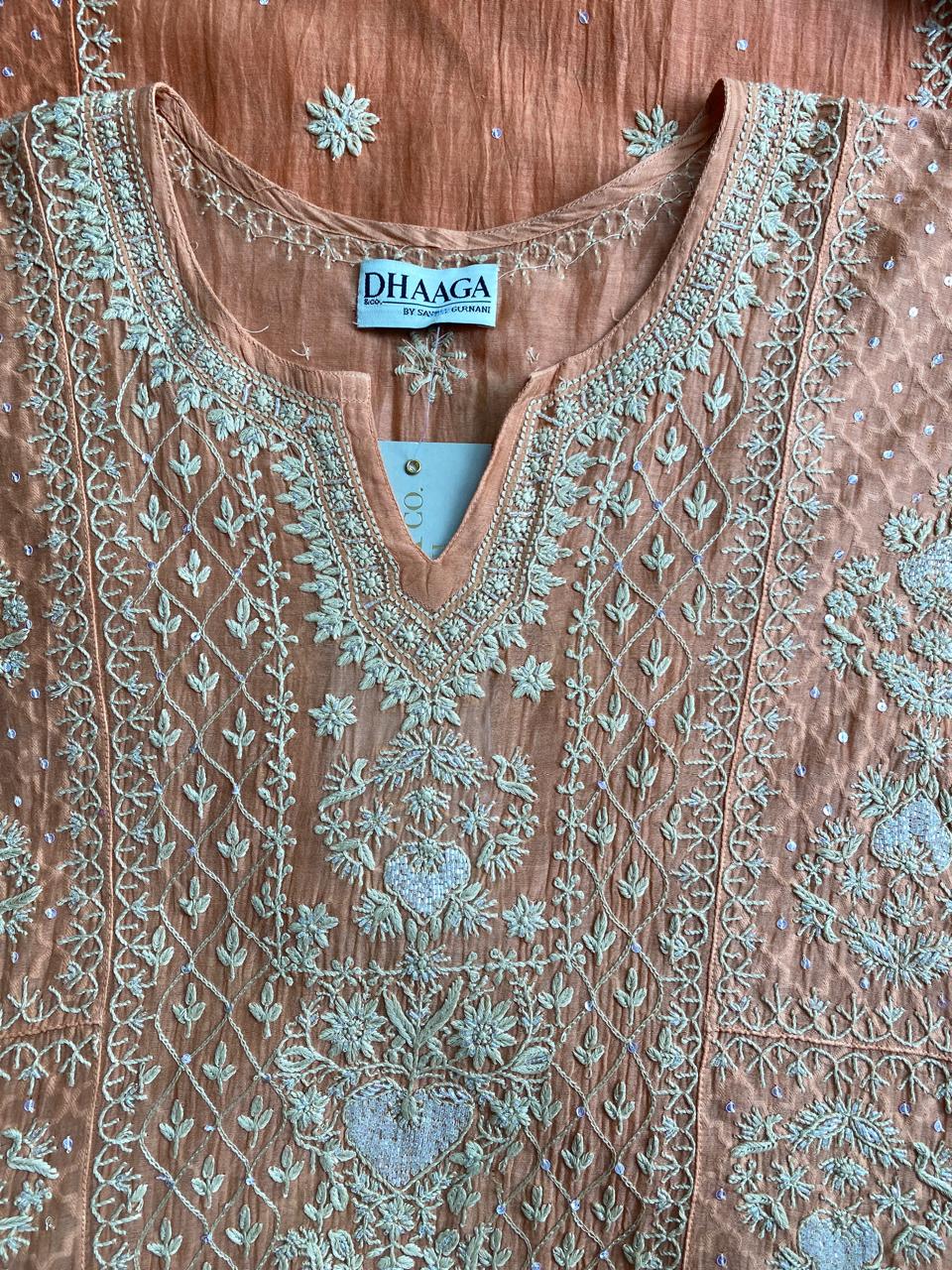 Orange mul chanderi chikankari Anarkali kurta set