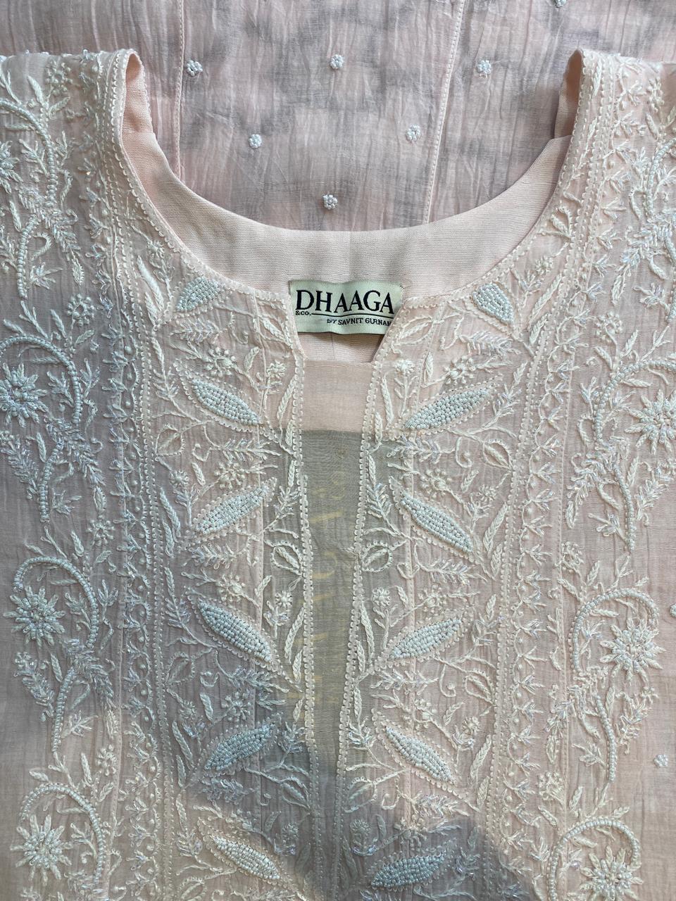 Pink mul chanderi chikankari Anarkali kurta set