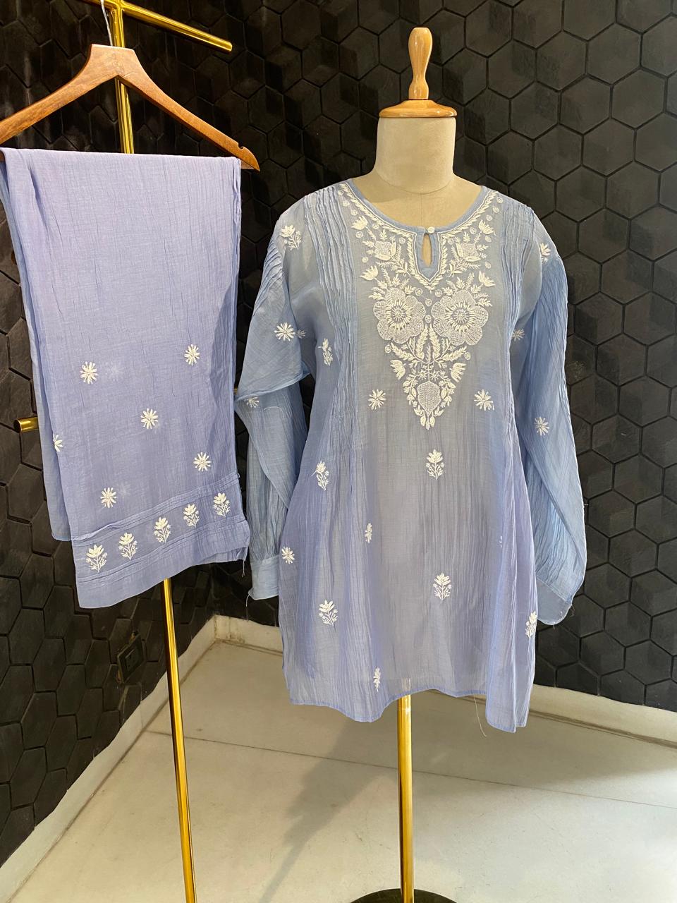 blue mul chanderi chikankari co-ord set
