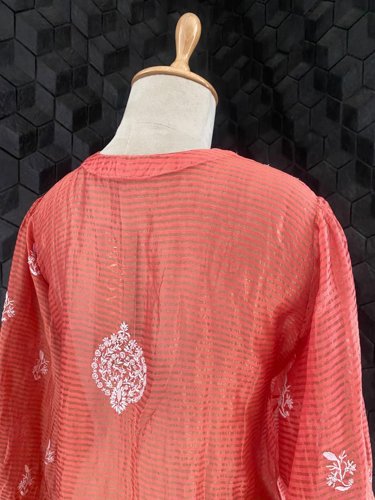 Fuschia Pink striped tissue chikankari shirt