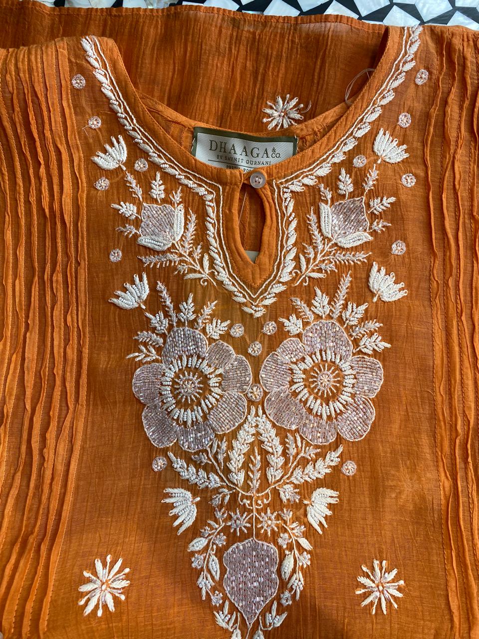 Orange mul chanderi chikankari co-ord set