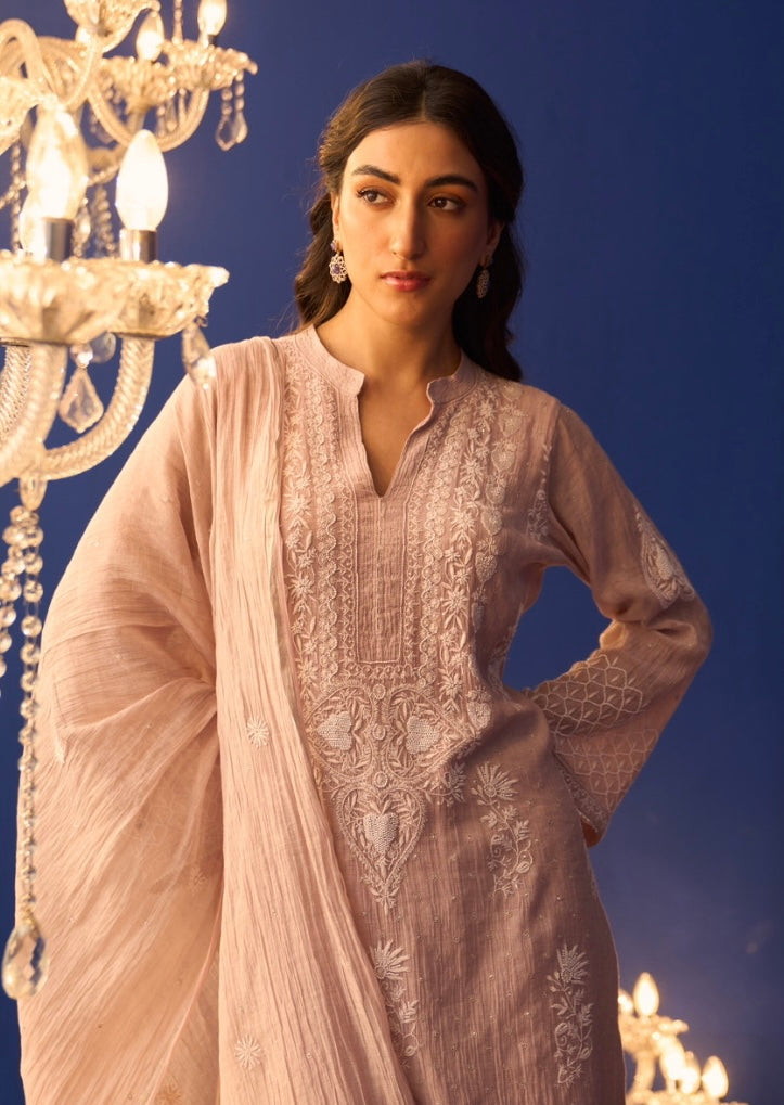 Rose Pink Tissue Chikankari Straight Kurta Set