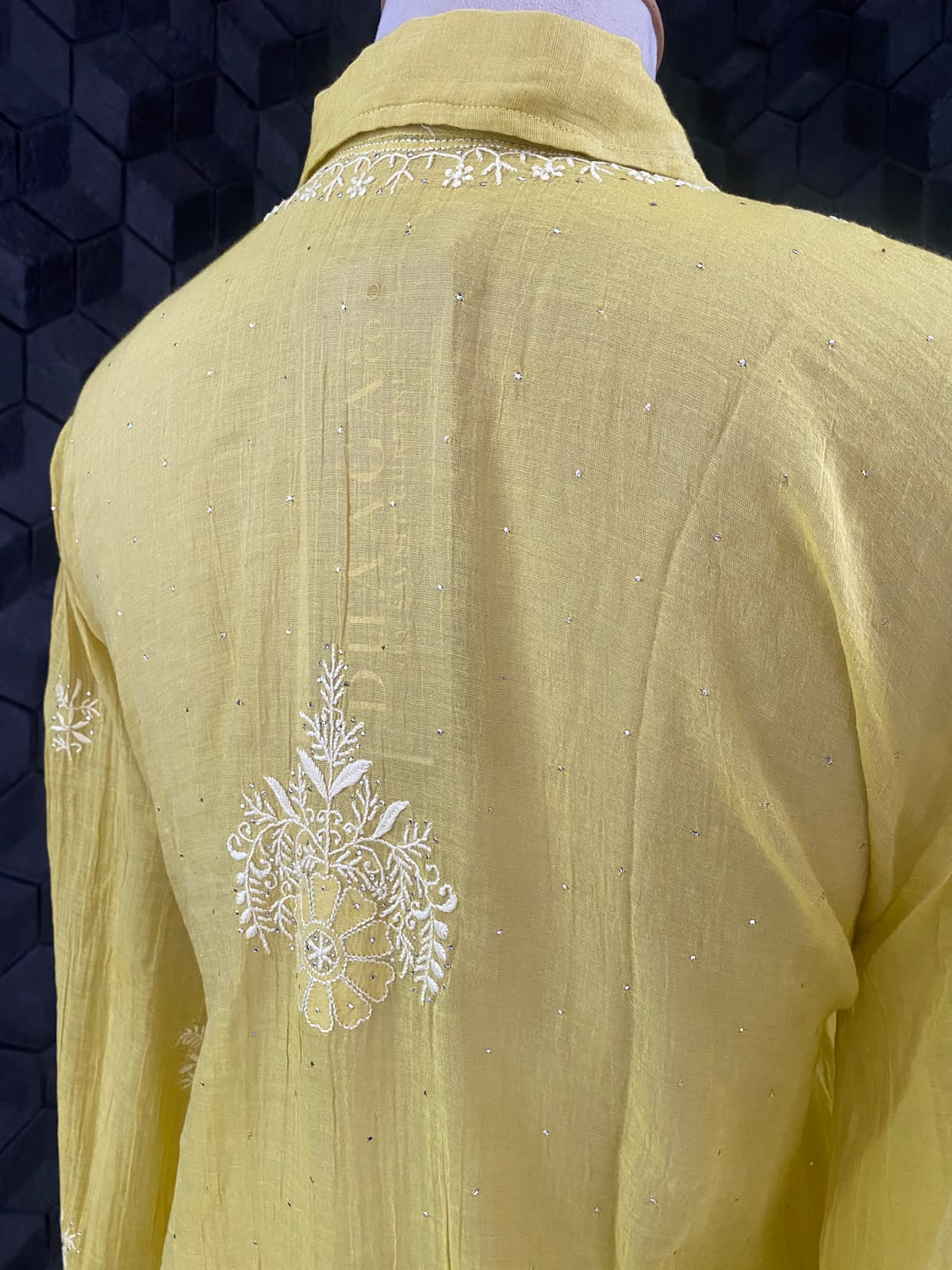 Yellow Golden tissue chikankari shirt