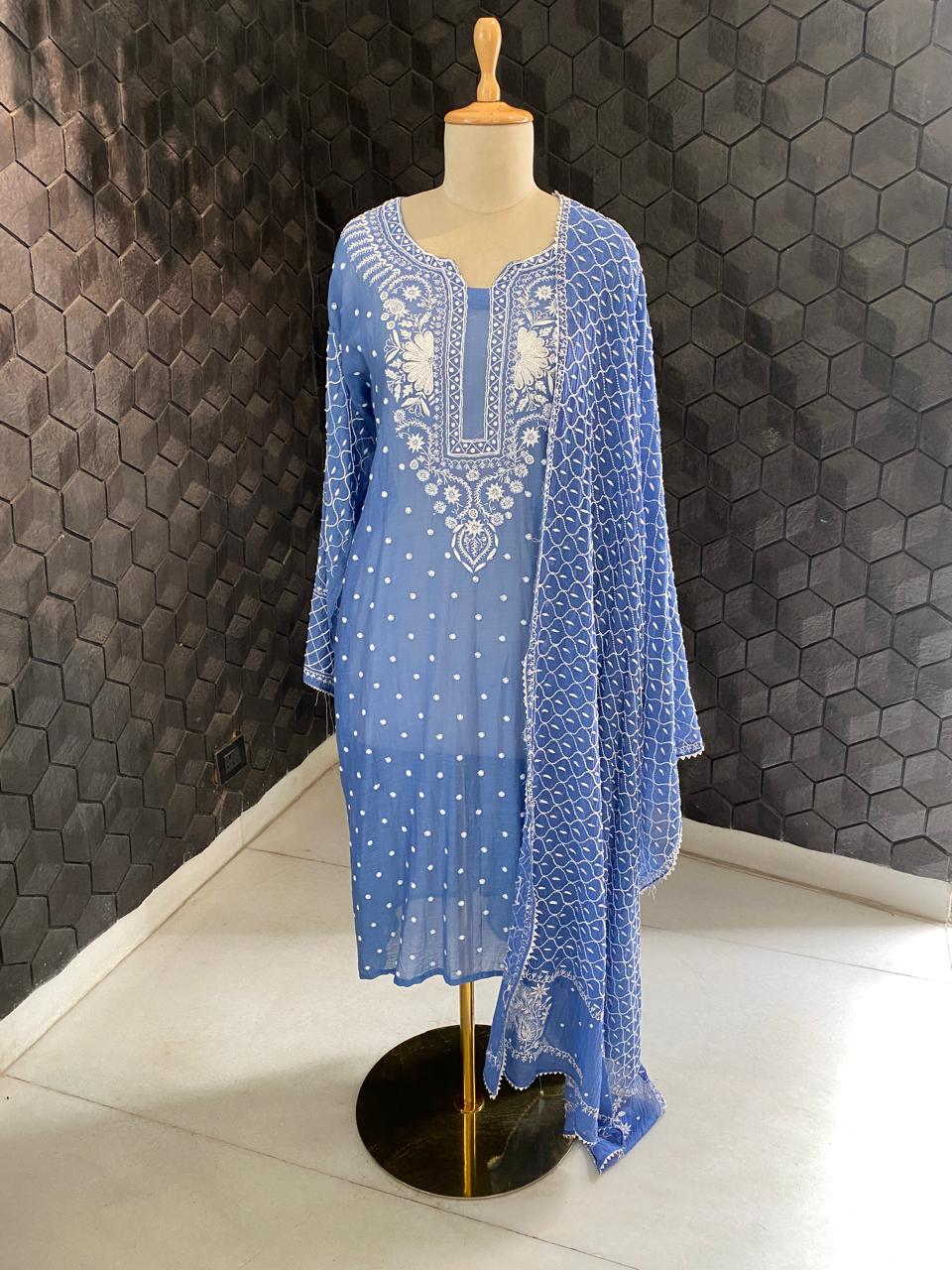 cobalt blue Mul Chanderi Chikankari Kurta Set