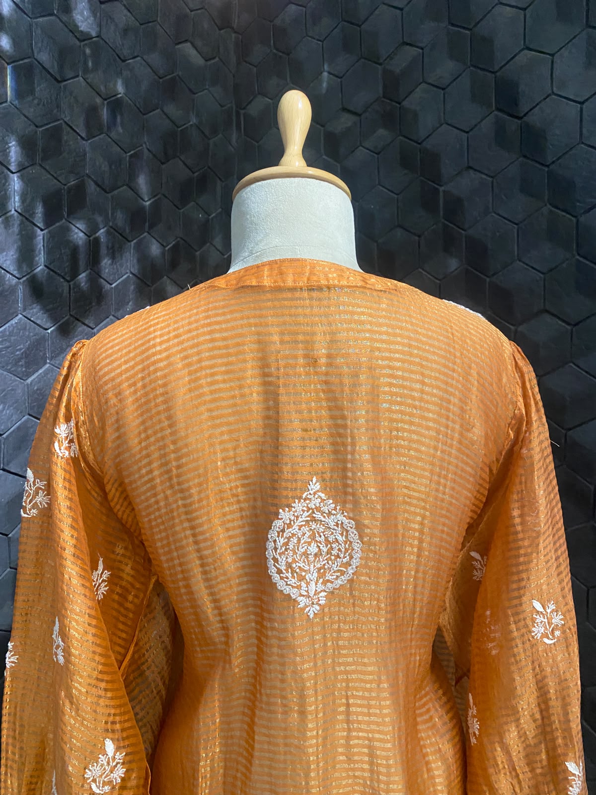 Mustard Yellow striped tissue chikankari shirt