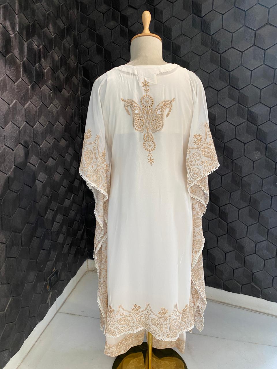 Ivory  georgette chikankari kaftan kurta set