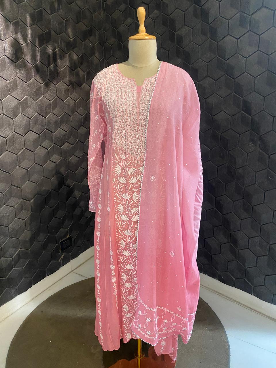 Pink Ombre Centre Panel Lotus Chikankari kurta set