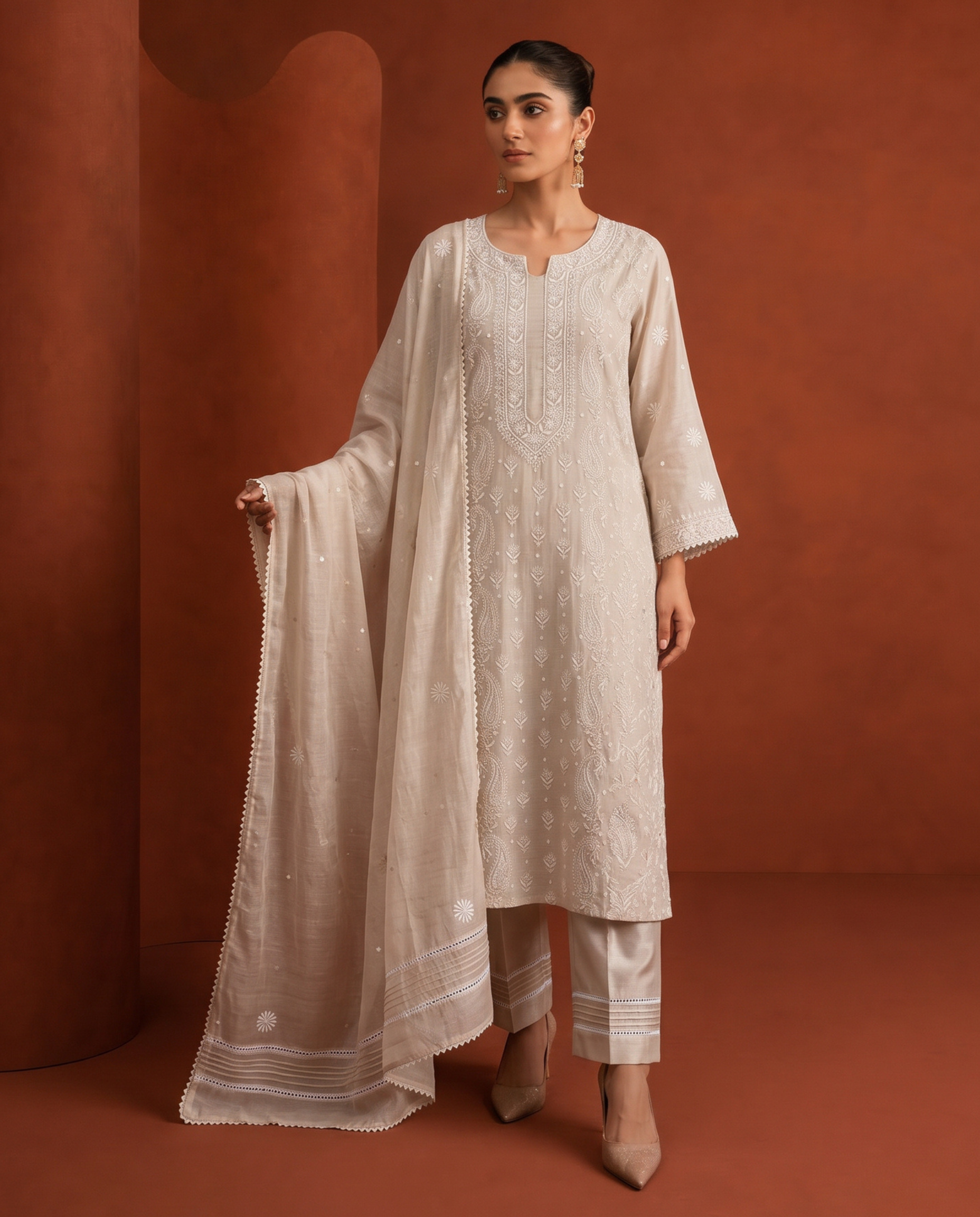 Beige Silver Tissue Full Jaal Kurta Set