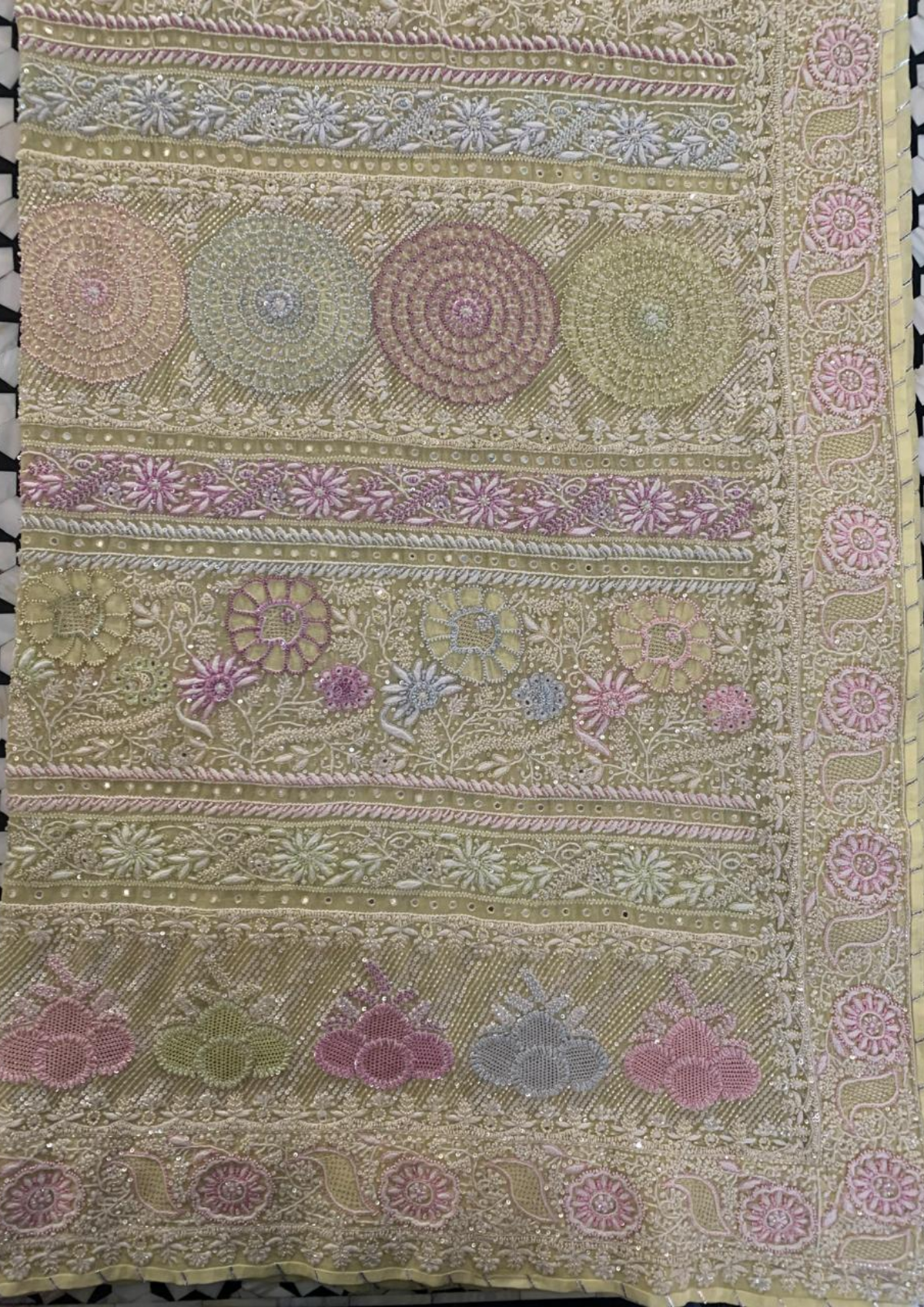 Lemon Yellow Multi Colour Threadwork Saree