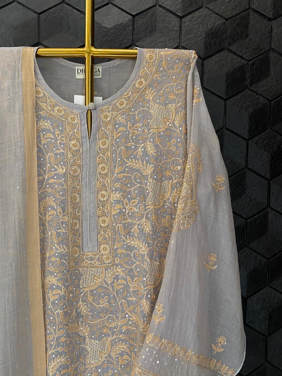 Lilac Golden Tissue Chikankari Kurta Set