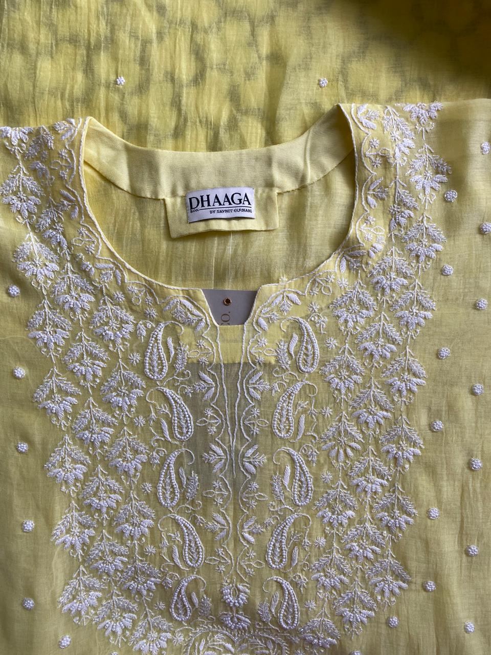 yellow mul chanderi chikankari kurta set