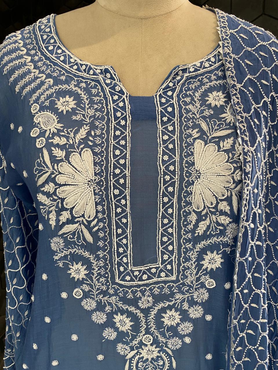 cobalt blue Mul Chanderi Chikankari Kurta Set