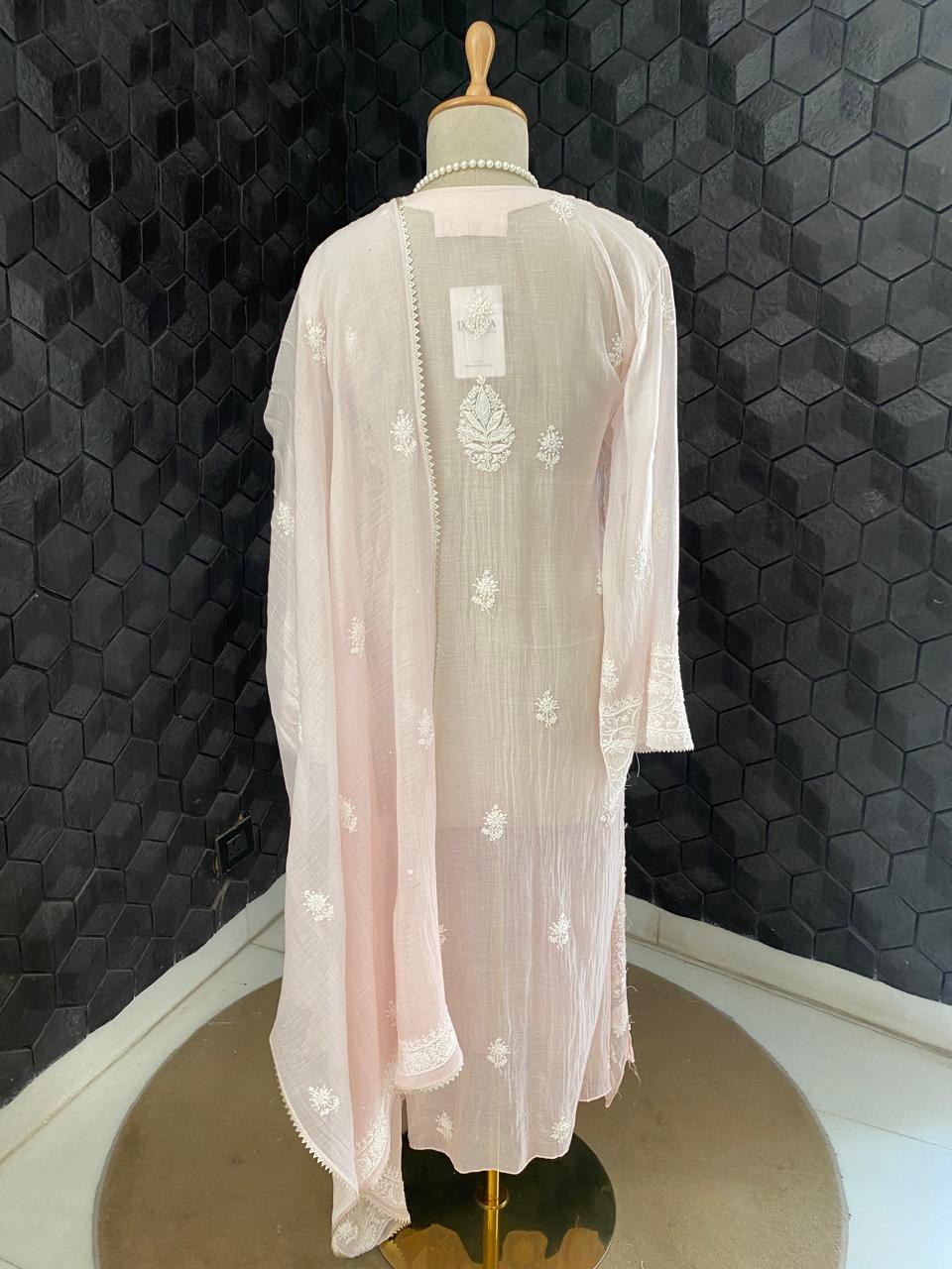 pink mul chanderi full jaal chikankari kurta set