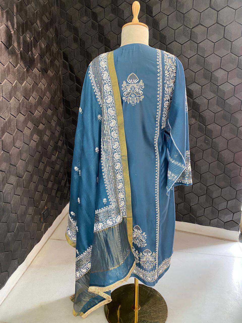 teal blue chanderi chikankari kurta set