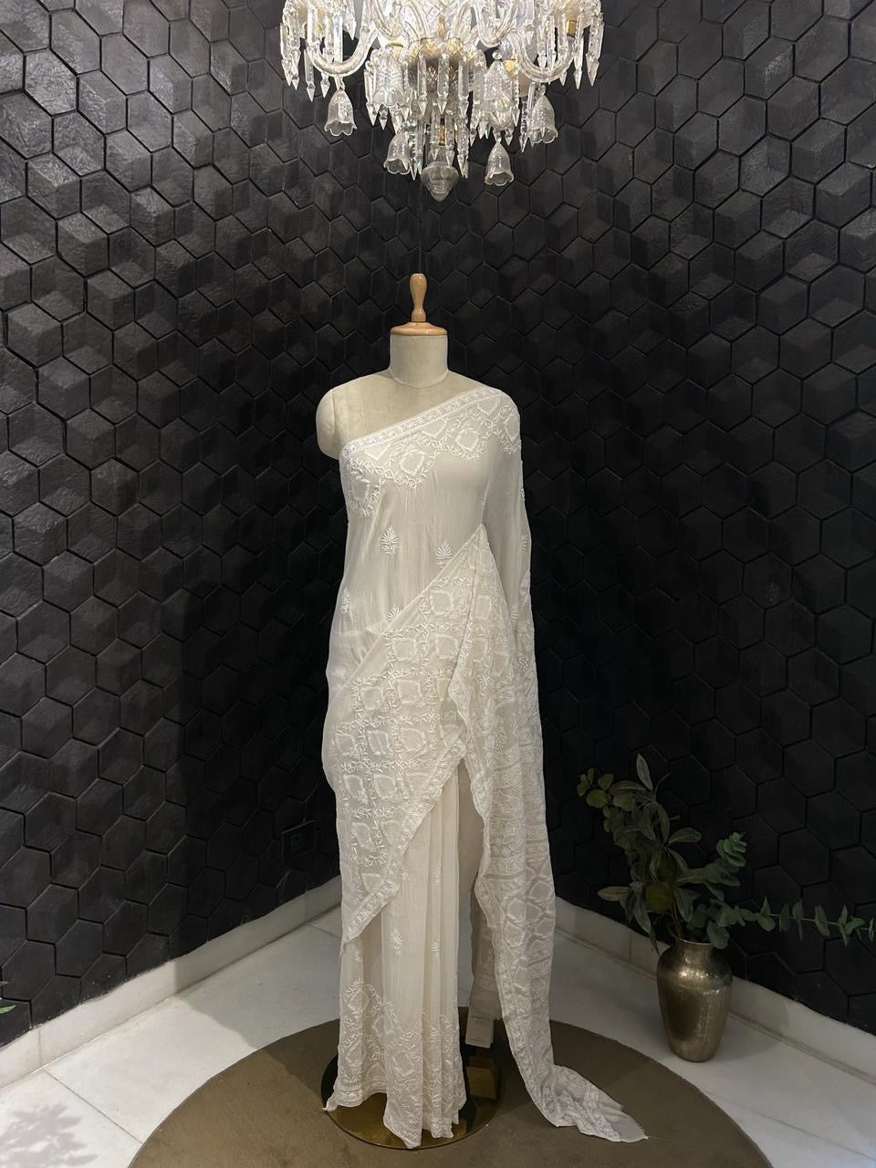 Premium White Chiffon Chikankari Saree With Statement Chikankari Jaal