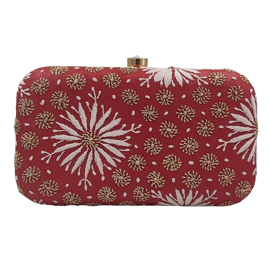 Red Chikankari hand embroidered Clutch bag