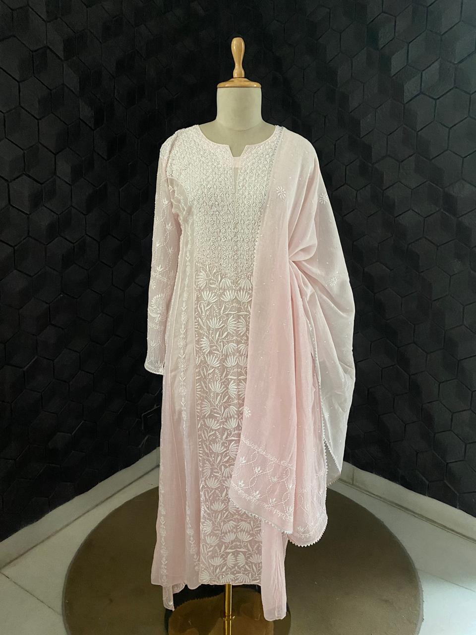 Pink Centre Panel Lotus Chikankari Mul Chanderi Kurta Set