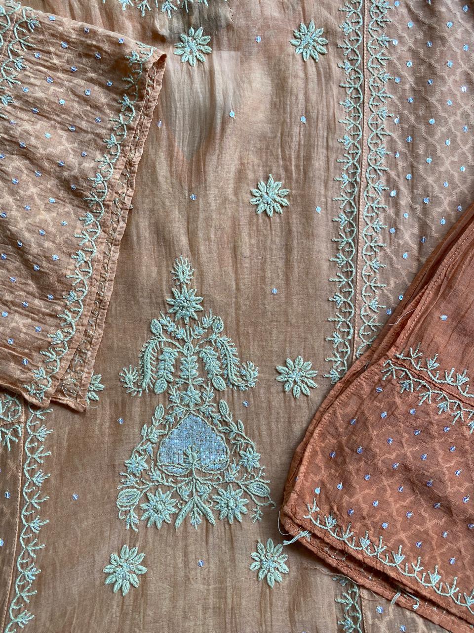 Orange mul chanderi chikankari Anarkali kurta set