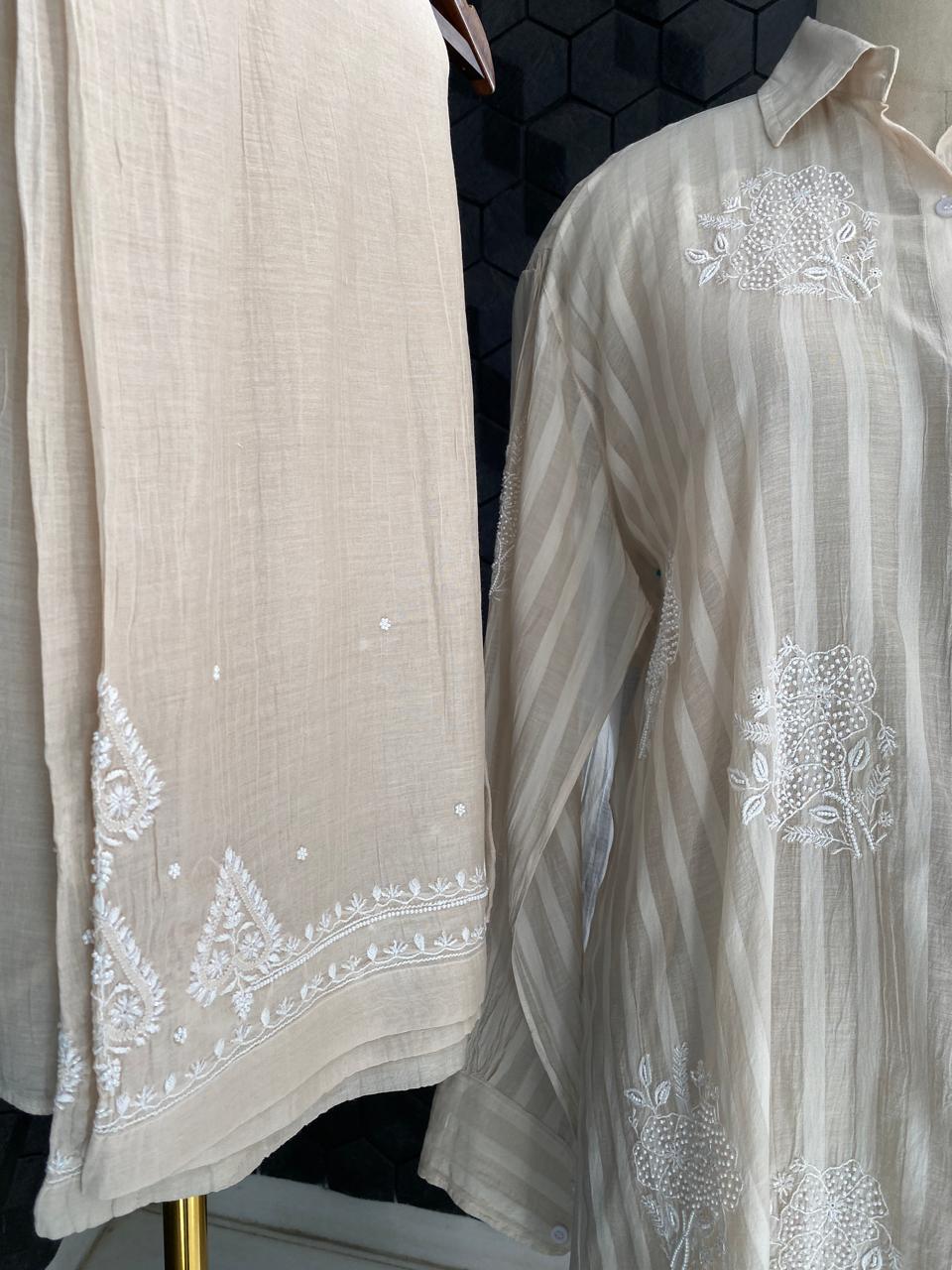 Beige striped Mul Chanderi Chikankari Co-ord set