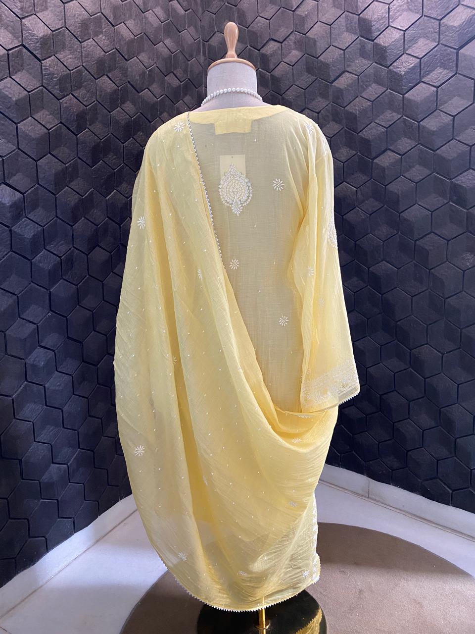 yellow Mul Chanderi Chikankari Kurta Set