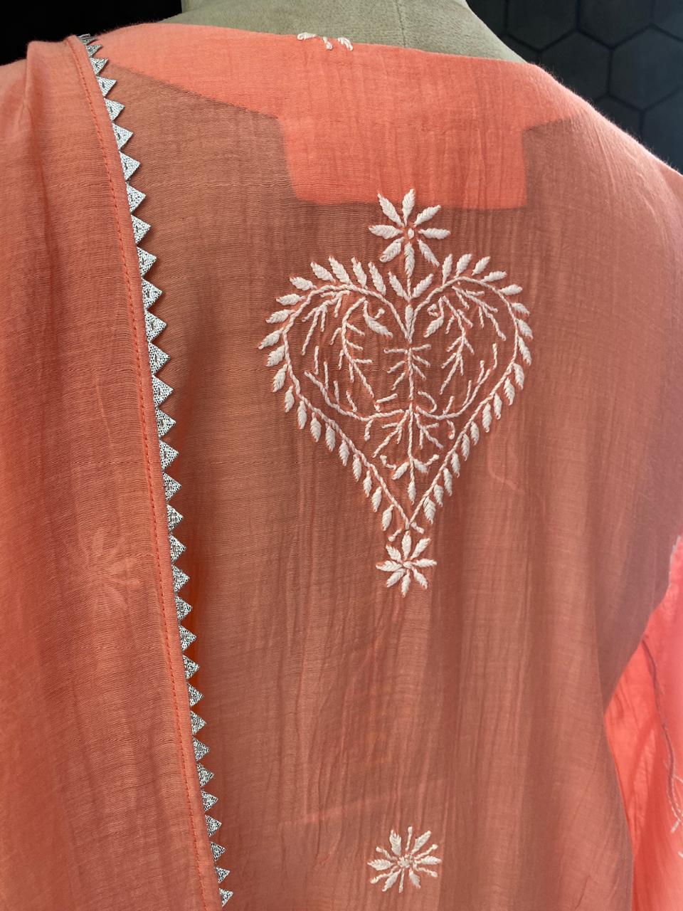 Orange Mul Chanderi Chikankari kurta set