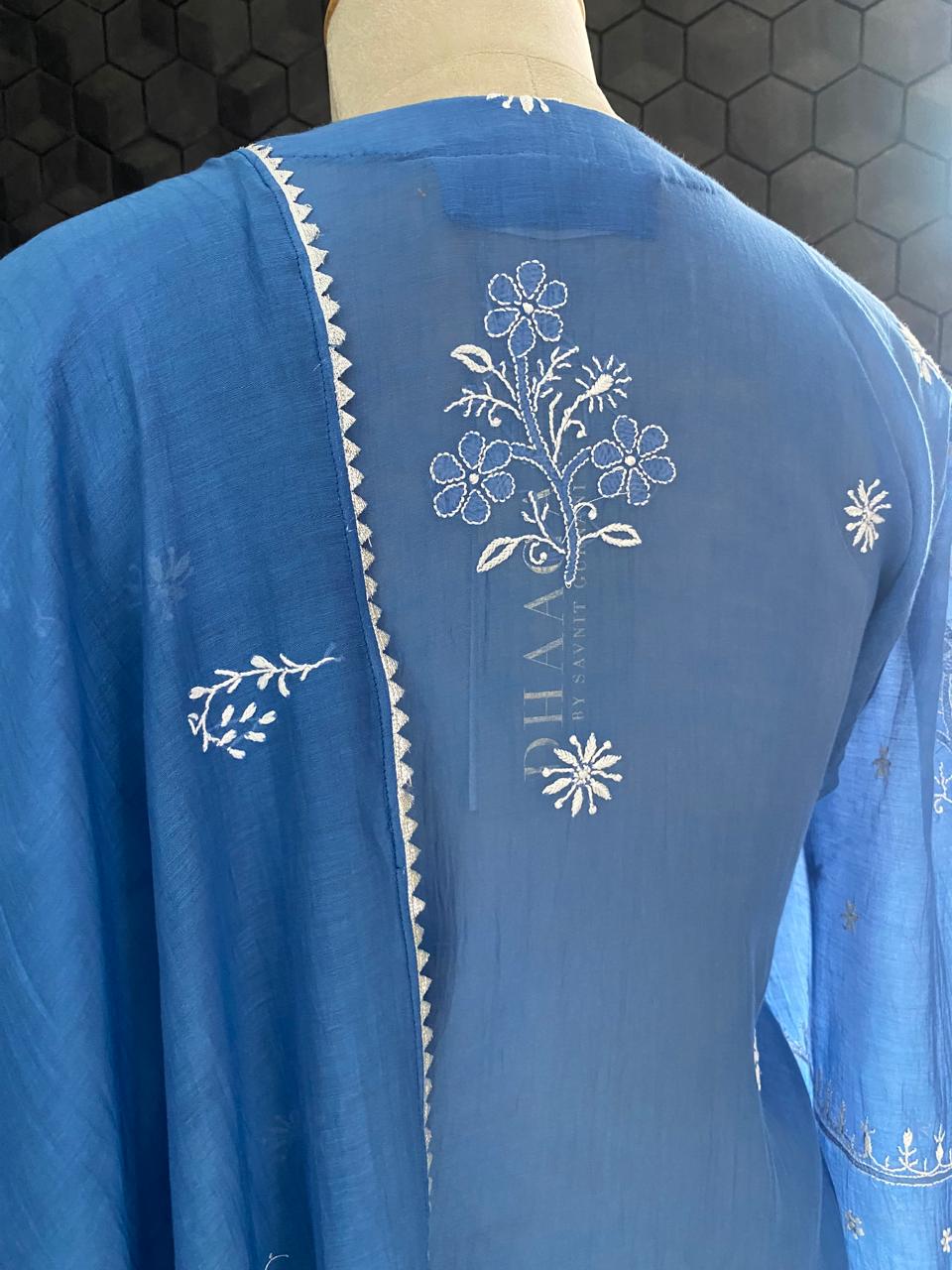 Cobalt Mul Chanderi Chikankari kurta set