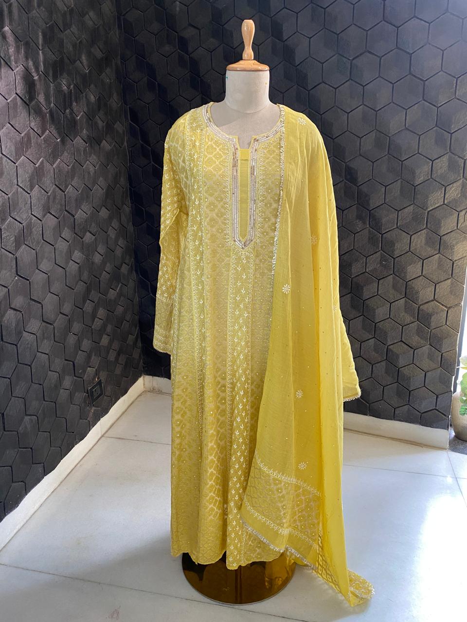 yellow mul chanderi chikankari Anarkali kurta set