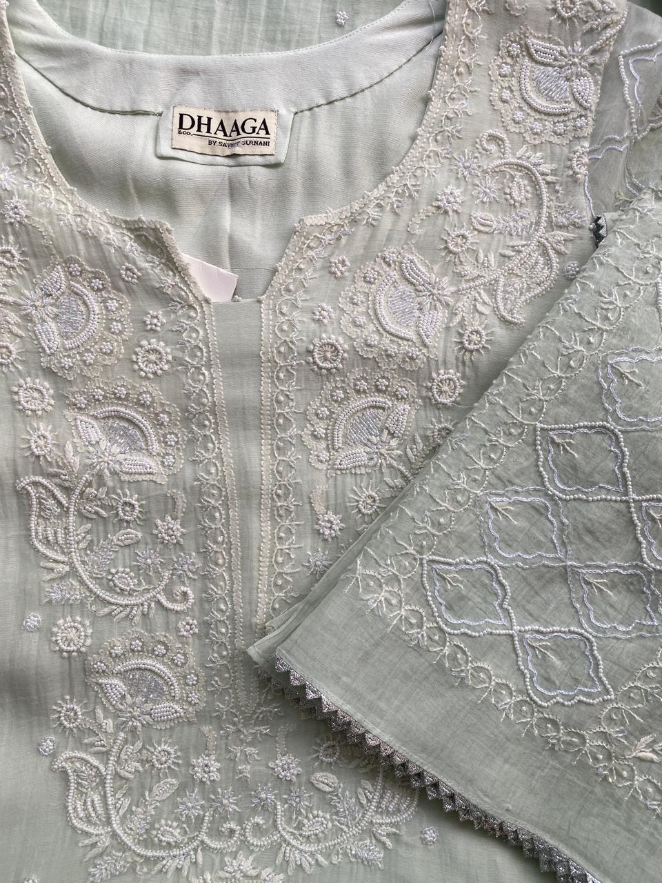 Sea Green Mul Chanderi Chikankari Kurta Set