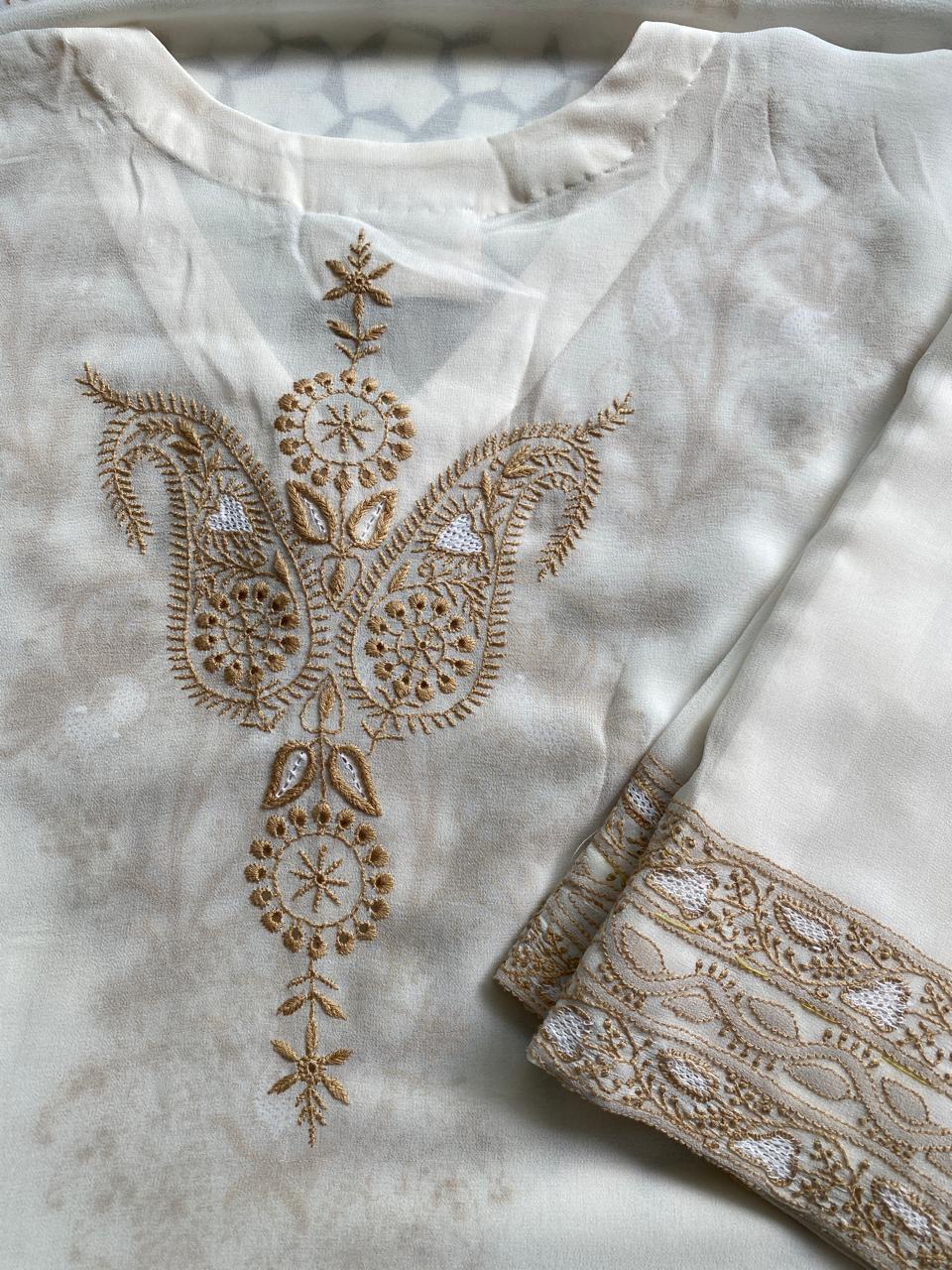 Ivory  georgette chikankari kaftan kurta set