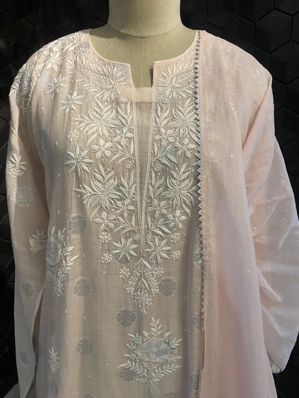 Pink Mul Chanderi with silver booti Chikankari Kurta Set