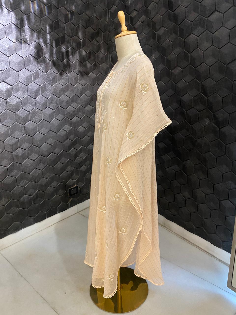 Beige Striped Mul Chanderi Chikankari Kaftan
