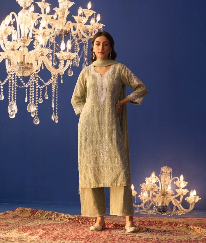 Mint Green Tissue Chikankari Kurta Set