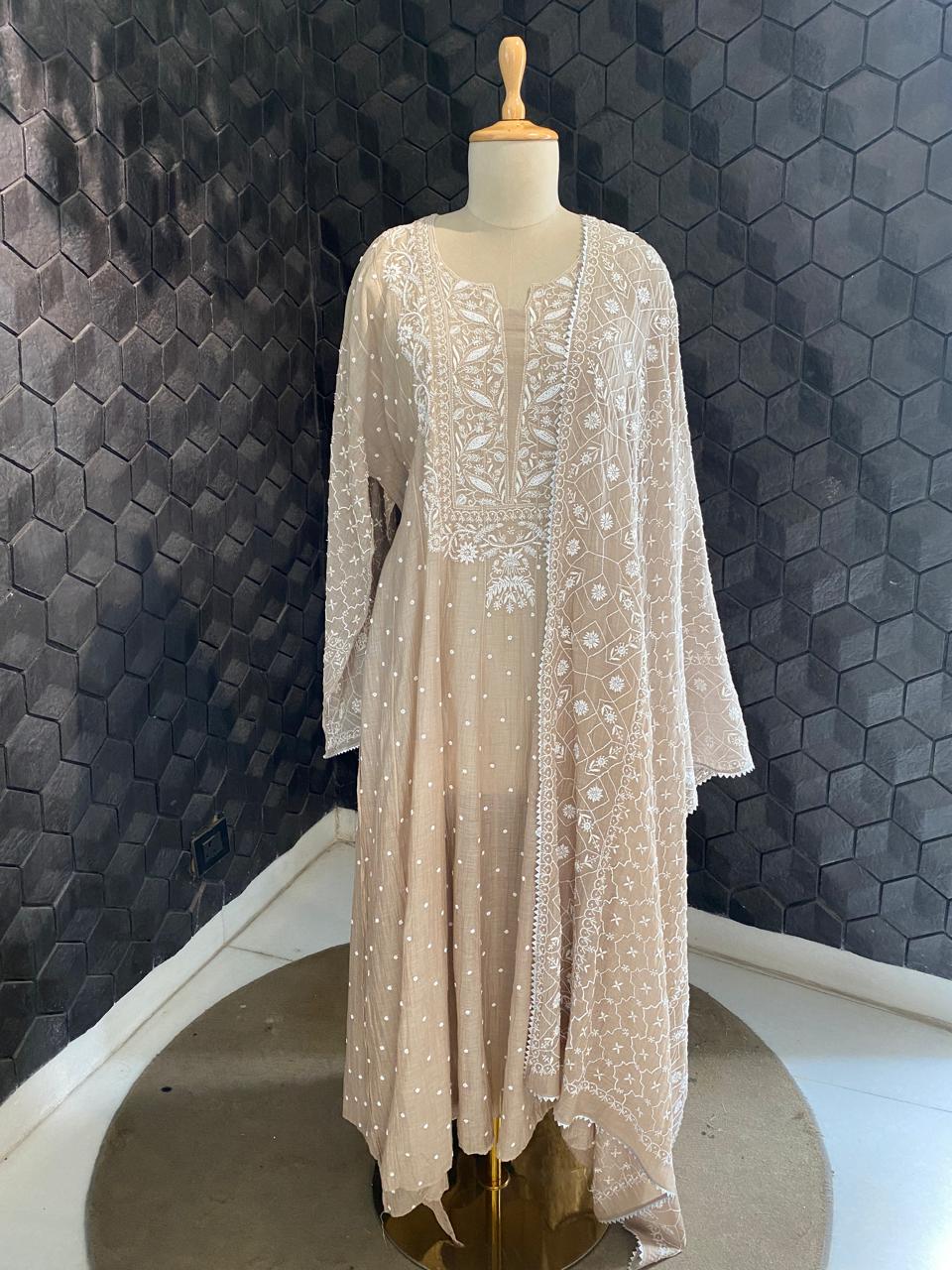 brown ombre mul chanderi chikankari kurta set