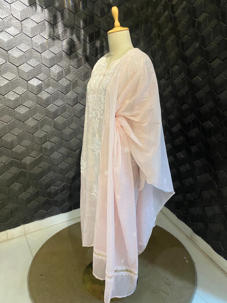 Pink Mul Chanderi with silver booti Chikankari Kurta Set