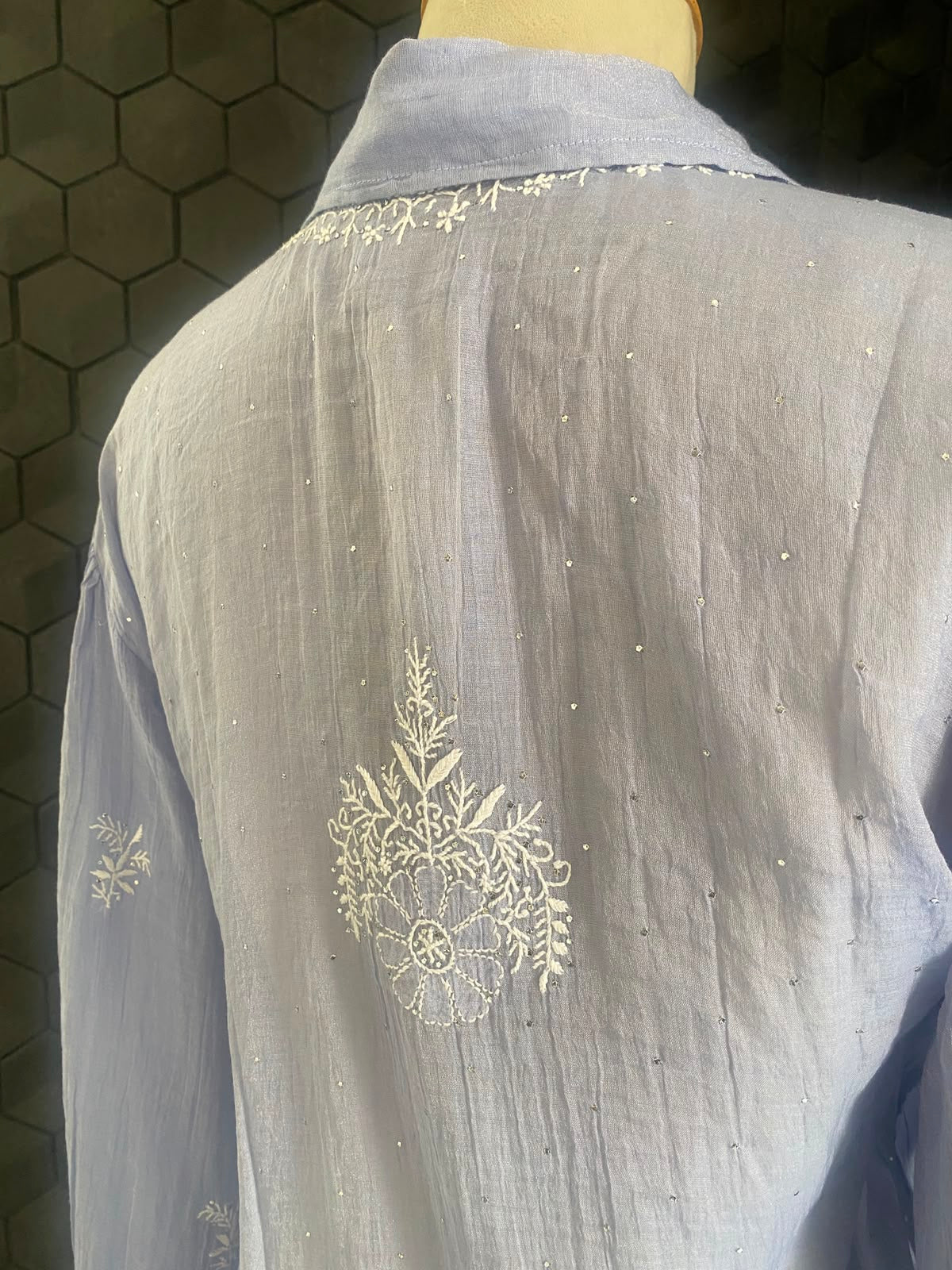 Ash Blue Golden tissue chikankari shirt