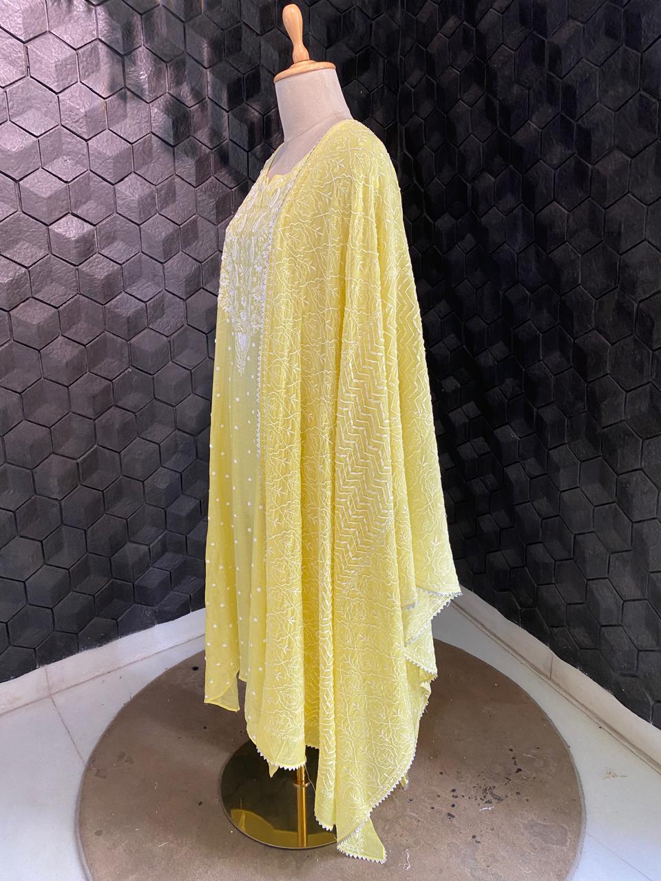 yellow mul chanderi chikankari kurta set
