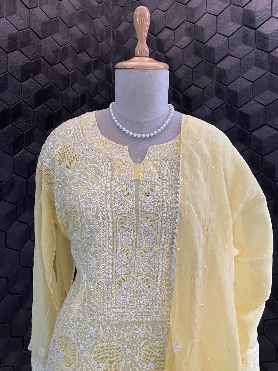 yellow Mul Chanderi Chikankari Kurta Set