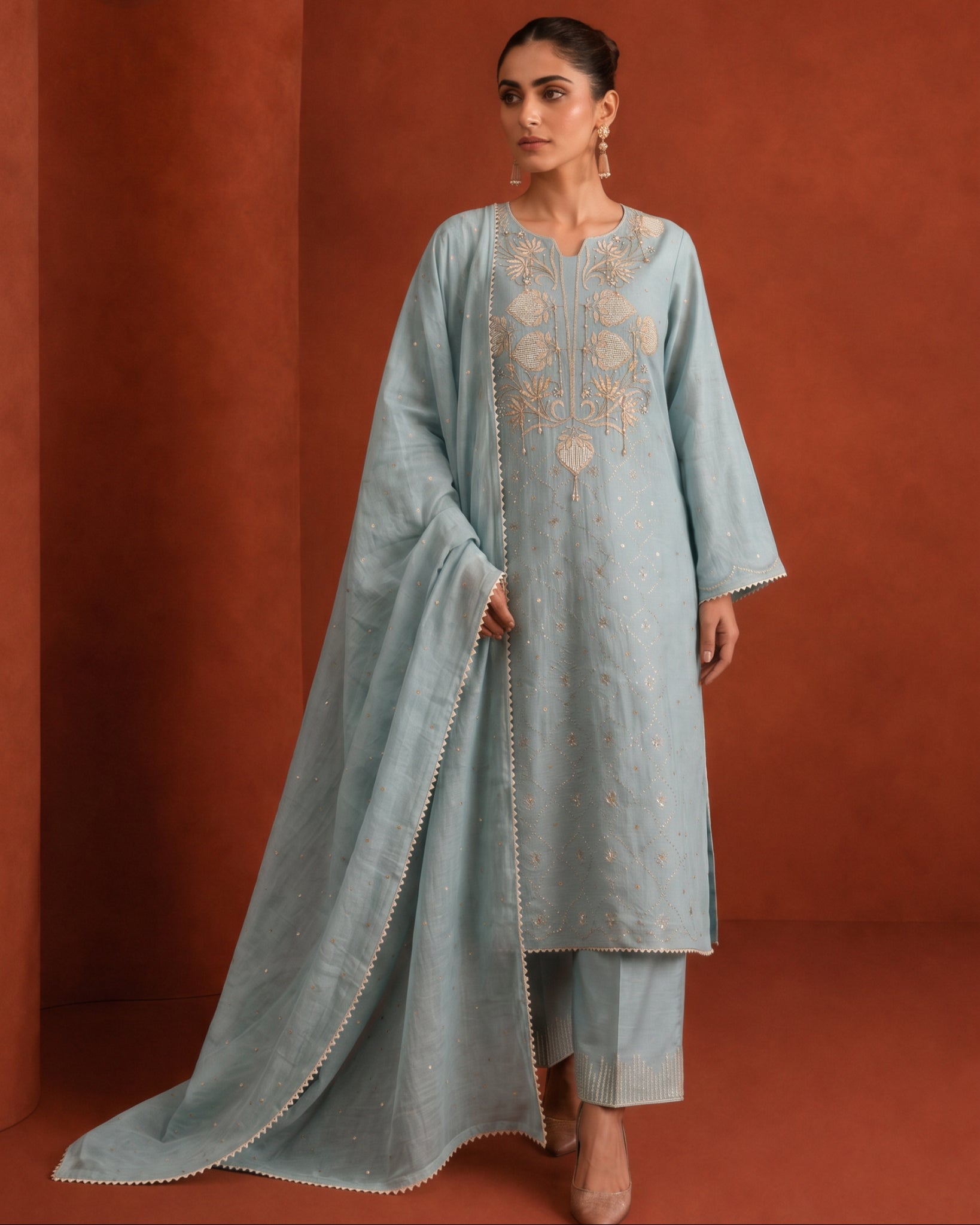 Teal Green Golden Tissue Mukaish and Kamdani Kurta Set