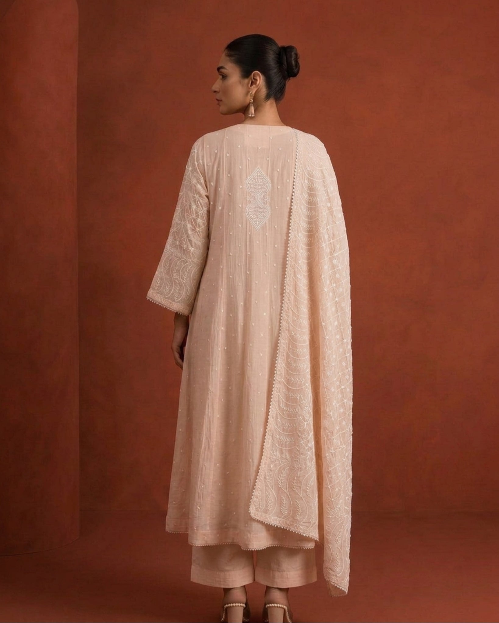 Peach Mul Chanderi Chikankari Anarkali Set