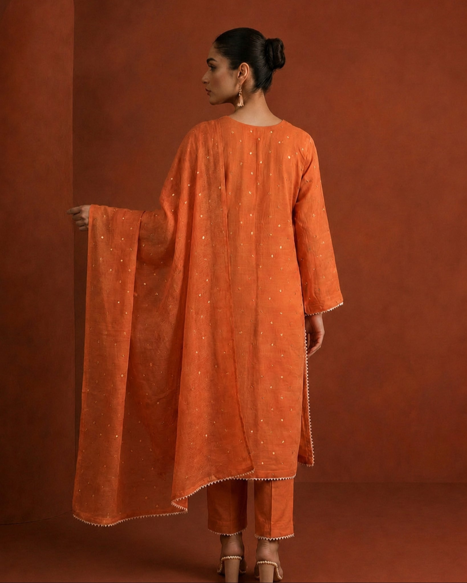 Burnt Orange Golden Tissue Mukaish and Kamdani Kurta Set