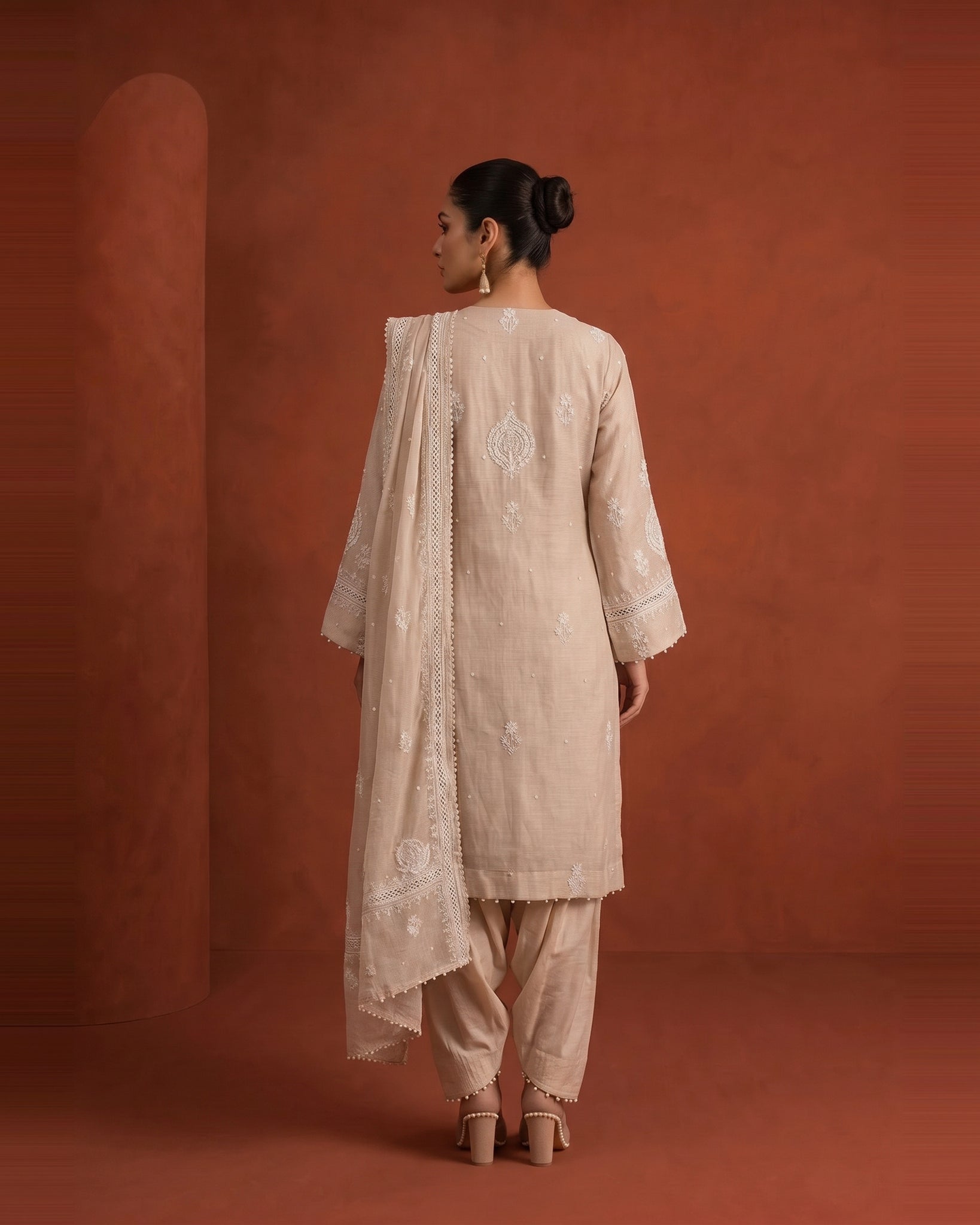 Beige Striped Tissue Kurta Set with Farsi Salwar