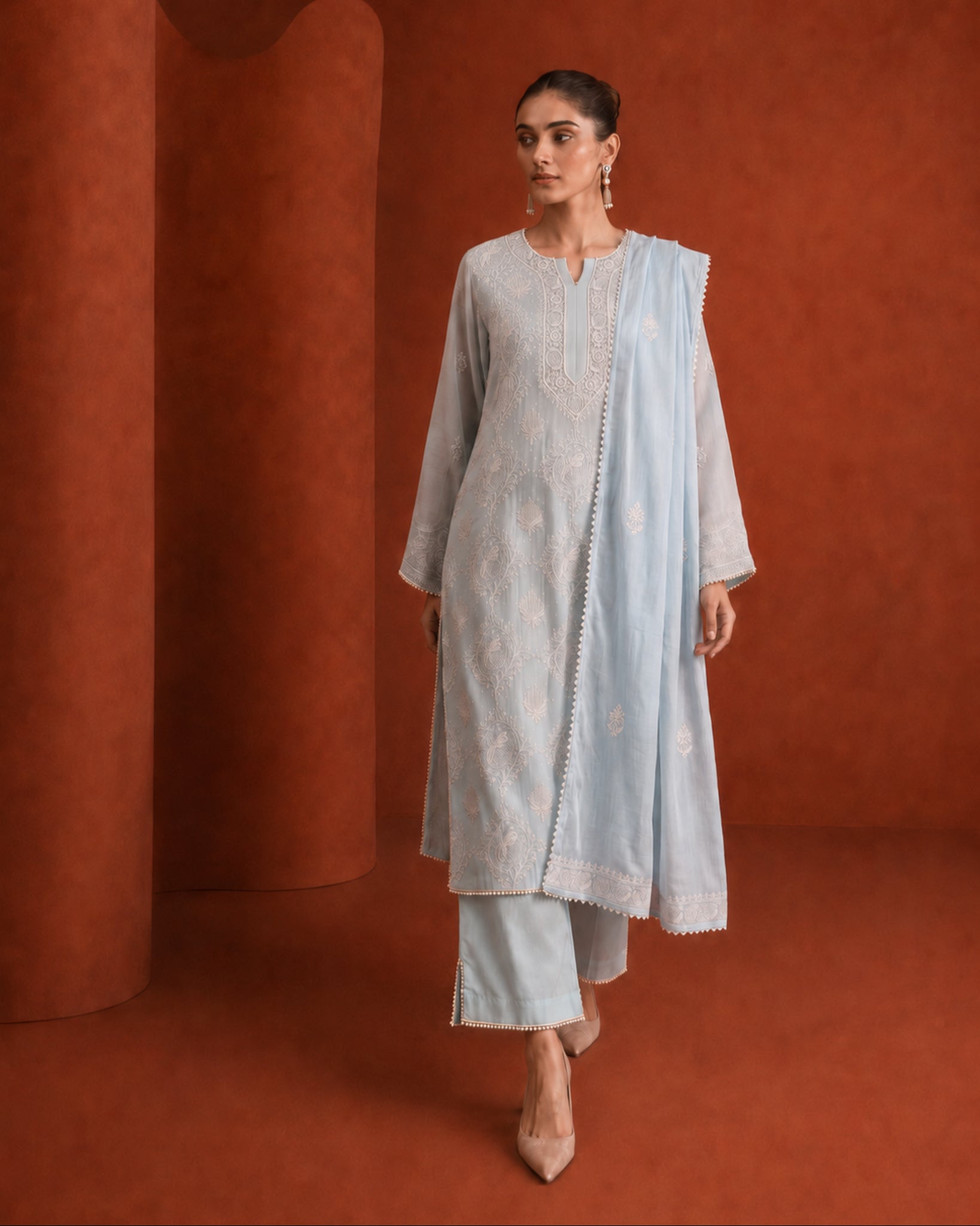 Sky Blue Mul Chanderi Chikankari Kurta Set