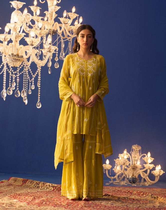 Lime Green Mul Chanderi Chikankari Sharara Set