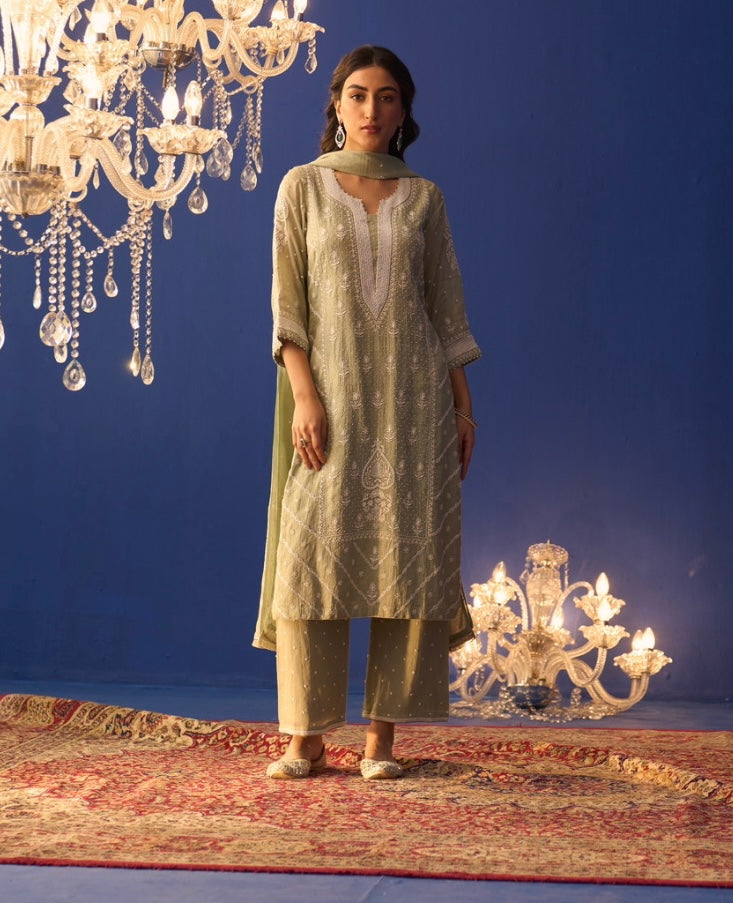 Mint Green Tissue Chikankari Kurta Set