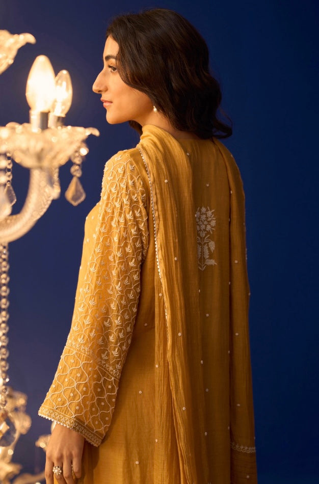 Mustard Yellow Mul Chanderi Chikankari Pakistani Kurta Set