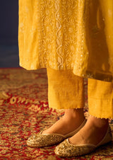 Yellow Tissue Chikankari Straight Kurta Set