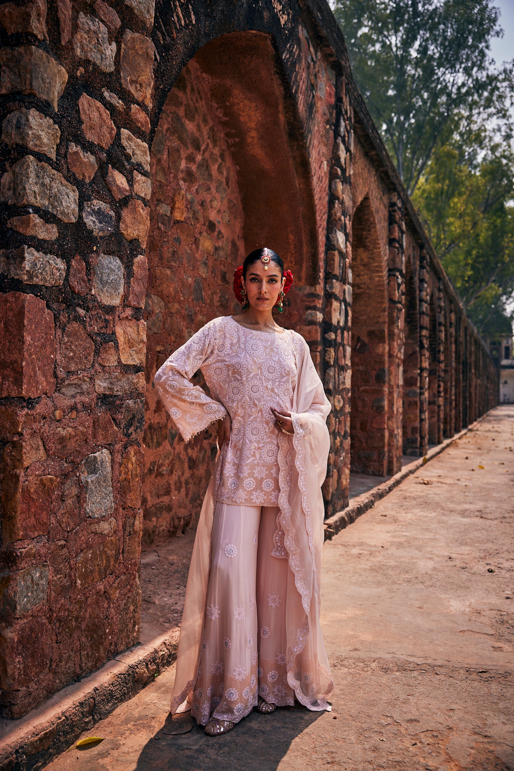 Haya Sharara Set - Peach Floral Chikankari Sharara Set