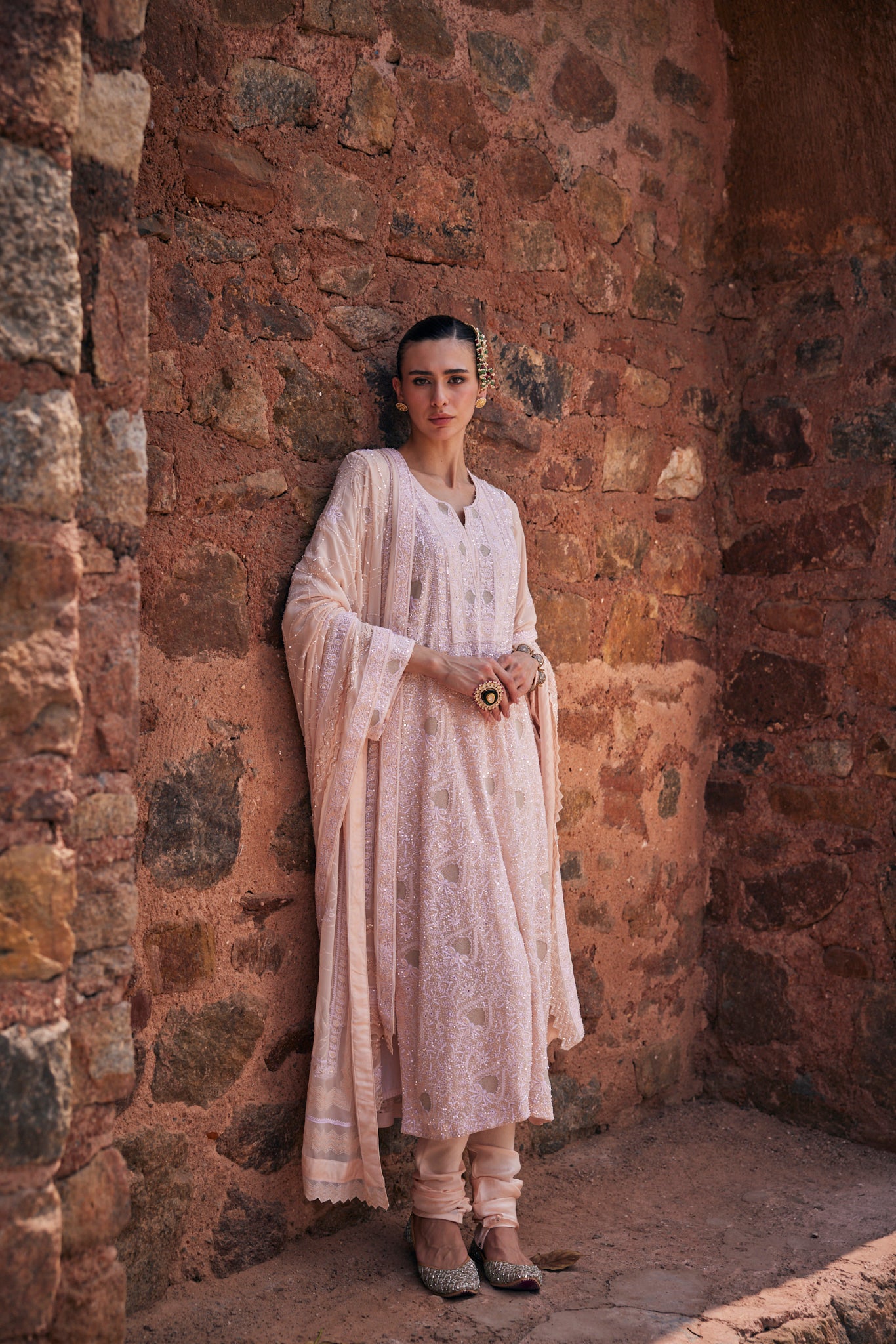 Sahar Kurta Set - Peach Jaali Chikankari Kurta Set